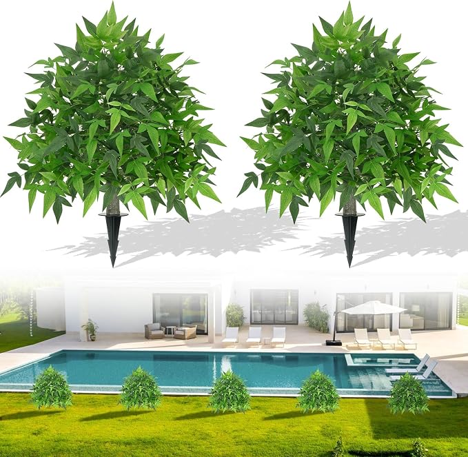 24" Artificial Bamboo Tree with Ground Spike Topiary Balls Artificial Outdoor Set of 2 Faux Boxwood Topiary Ball Trees for Front Porch UV Resistant Fake Bushes for Outdoors Garden Yard Patio Decor