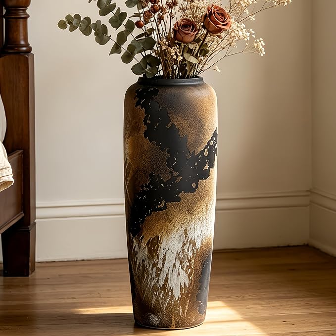 Black Rustic Ceramic Tall Floor Vase, 19.7 Inch Vintage Large Farmhouse Vase Pottery Clay Terracotta Rustic Vases for Home Decor Living Room Entryway Table Centerpieces,Kitchen,Housewarming Gifts