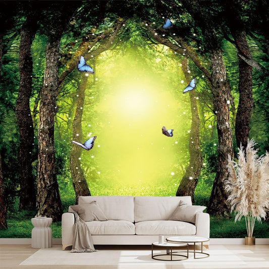 Classy Dream Butterfly Forest Tree Wallpaper for Bedroom Jungle Woodland Wall Mural Living Room Large Woods Adhesive Fabric decorr - 183"x120"（Not Peel and Stick）