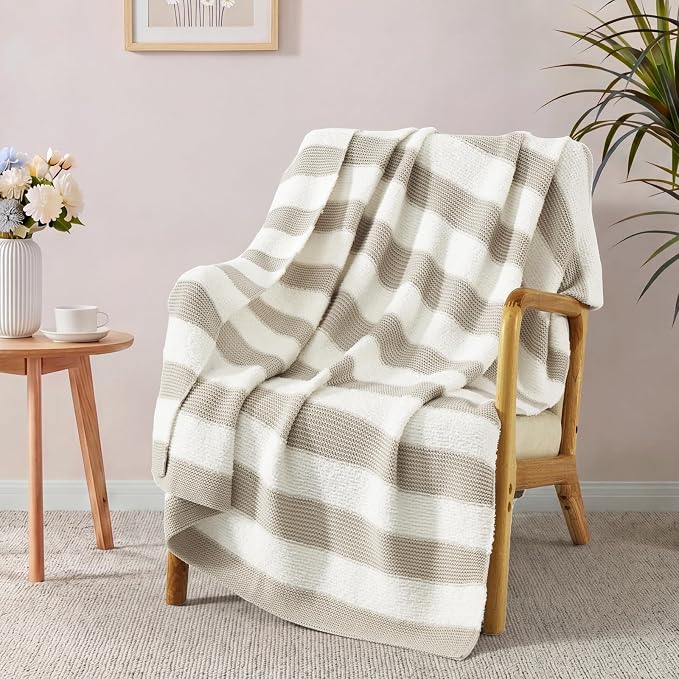 WRENSONGE Soft Throw Blanket for Couch-Cozy Reversible Knitted Blankets | Lightweight Warm Fluffy Decor for Women, Mom, Her & Girls, Sofa, Chair, Bed, 50x70in, Feather Yarn Khaki