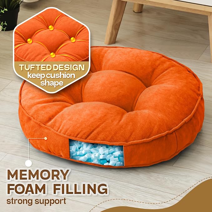 1 MIDDLE ONE Floor Pillow Set of 2, Memory Foam Floor Cushions for Adults, Large Meditation Pillow for Sitting, 22 x 22 Inches (Round | Orange)