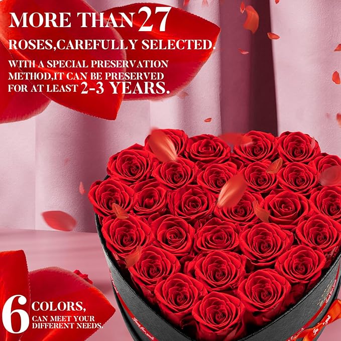 Impouo Preserved Rose in Heart Shape Box, 27 Forever Flowers, Eternal Roses, Birthday Gifts for Women, Wife, Her, Mother's Day -Red