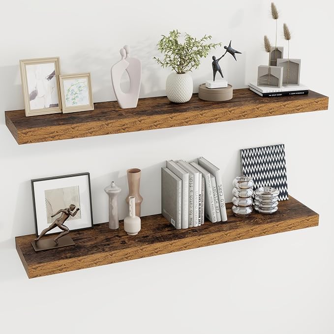 Dreamland 48Inch Floating Shelves for Wall 9.3" Deep Rustic Brown Set of 2 | Wall shelves for bathroom, bedroom, kitchen, deep wall mount wood storage display for home decor 48" x 9.3"