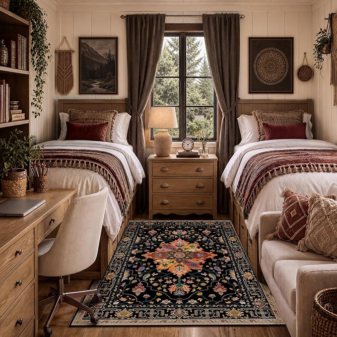 RELEANY Area Rugs 4'x6' Washable Non-Slip, Floral Vintage Distress Medallion Carpet for Living Room Bedroom Dining Room, Black Colorful Floral Dark Tan