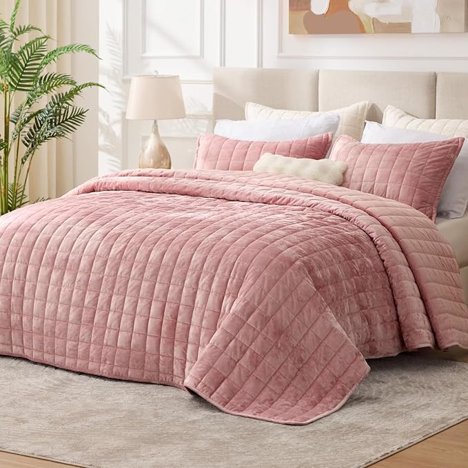 BEDELITE Velvet Quilt Set King Size - Luxury Soft Velvet Comforter Bedding Set for All Season, Lightweight Quilted Box Stitch Oversized Bedspread Coverlet with 2 Matching Shams, Rose Pink