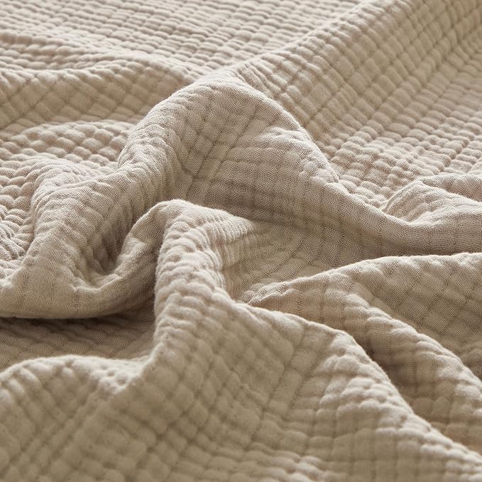 PHF 100% Cotton Muslin Blanket Queen Size 90"x90", 4-Layer Lightweight Gauze Throw, Breathable Cloud-Soft Minimalist Blanket for Bed, Couch, Camping & Baby, Taupe, Ideal Gift