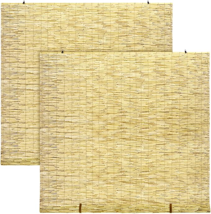 DoubleFill 2 Pcs Bamboo Shades Outdoor Reed Roll up Blinds 60" W x 72" H Blackout Sunshade Cordless Bamboo Blinds for Home Porch, Patio & Windows Decor Shutters Sunlight Privacy Screen(Natural)