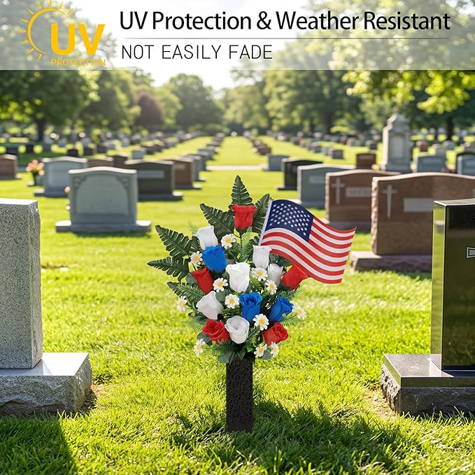 Memorial Day Flowers for Cemetery, 2 Sets Artificial Red White Blue Roses with American Flags Vase Patriotic Cemetery Flowers for Grave, Outdoor Gravesite Tribute Veterans Memorial Day Decorations