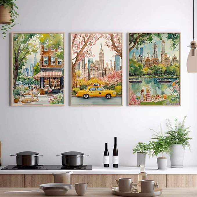 SYYANKK Watercolor New York City Wall Art NYC Canvas Wall Decor NYC Painting New York Landmarks Poster Travel Wall Art Central Park Artwork for Bedroom Living Room 16x24 Inch Unframed Set of 3