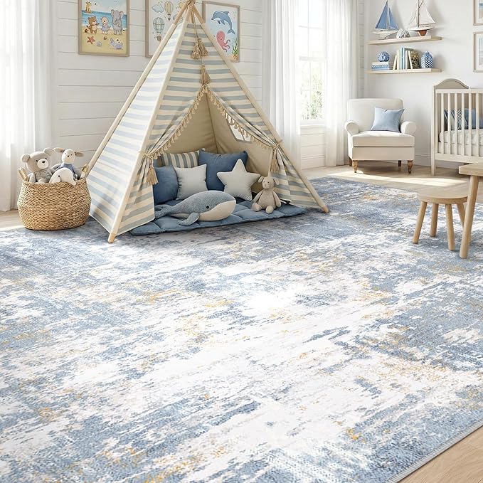 RELEANY Washable Area Rugs 6'x9' Non-Slip Modern Abstract Soft for Living Room Entryway Bedroom Nursery, Print Pattern, Light Blue