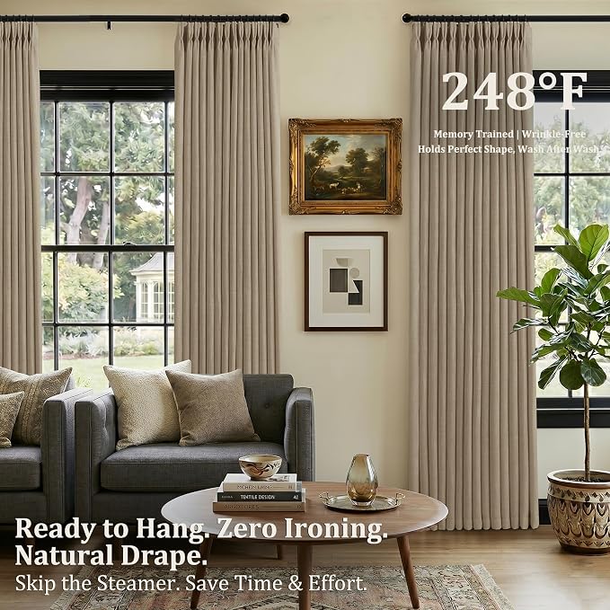 Pinch Pleated Linen Curtains 92 Inch, 2 Panels Premium 400GSM Memory Trained Semi Sheer Light Filtering Window Drapes for Living Room Bedroom Dining, Back Tab & Adjustable Hooks Rings, Grey Beige