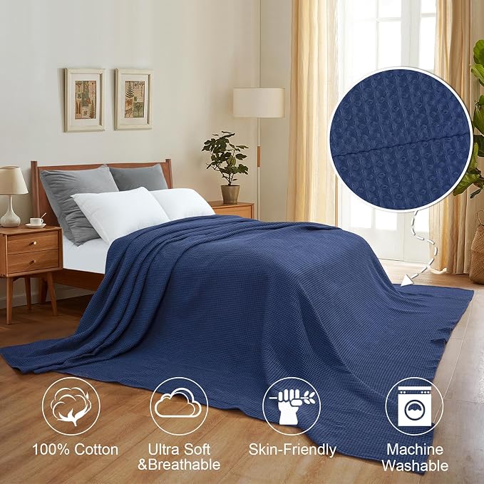 PHF 100% Cotton Waffle Weave Family Blanket Oversized King 120"*120", Pre-Washed Lightweight Breathable, Machine Washable,10'x 10' Huge Extra Large Big, Home Decoration Gift - Navy Blue/Bright Blue