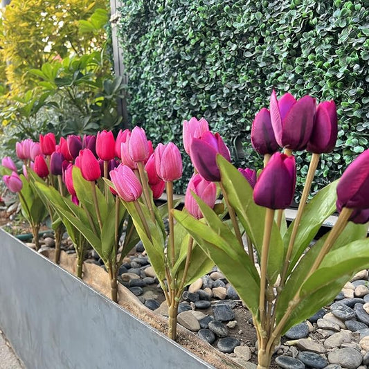 Artificial Fake Flowers for Spring Summer Outdoor Decoration,6 Bundles Realistic UV Resistant Silk Fabric Colorful Tulip Faux Plants for Outside Planter Home Porch Patio Decor(Pink Purple)