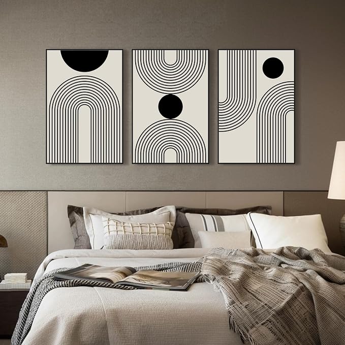 SAFERRYHOME Boho Abstract Wall Art, 3 Pieces Mid Century Modern Framed Canvas Wall Decor Neutral Beige Black Art Painting Print, Geometric Line Artwork Picture for Living Room Bedroom Office, 24"x36"
