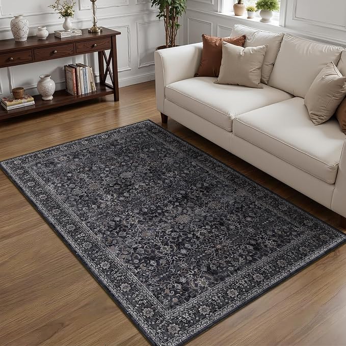 Dark 4x6 Washable Rug, Small Area Rugs Non Slip for Entryway Kitchen Bathroom, Vintage Farmhouse Low Pile Thin Throw Carpet Rug for Foyer/Nursery/Home Office/Living Room, Midnight