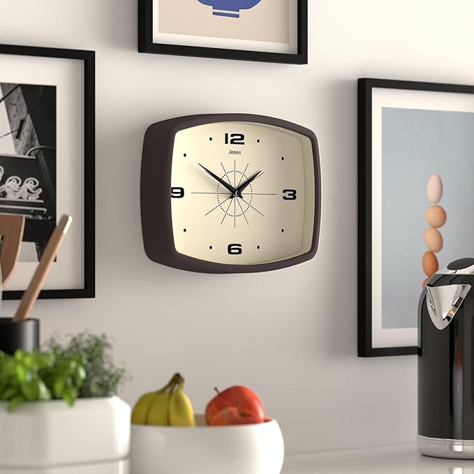 JONES CLOCKS® Movie wall Clock | Retro Rectangular Clock | 10 inch | Mocha Brown | Cool mid-Century Designer Look for Kitchen, Living Room or Office