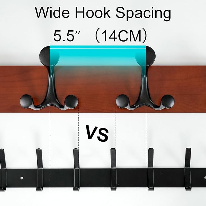 WEBI Coat Rack Wall Mount,43" Solid Wood Coat Hooks Wall Mounted Coat Hanger,16" Hole to Hole,Heavy Duty Hook Rack Rail,8 Triple Hooks for Hanging Coats,Jacket,Clothes,Hat,Backpack,Cherry,2 Packs