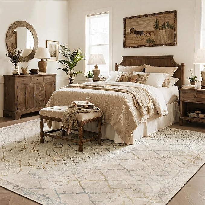 Srugn Washable Rugs 8x10 Area Rugs for Living Room,Bedroom,Dining Room- Large Ultra Soft Faux Wool Retro Carpet,Non Slip&Non-Shedding Low Pile Morocco Rug for Home Office Dorm Decor(Camel-Blue-Orange)