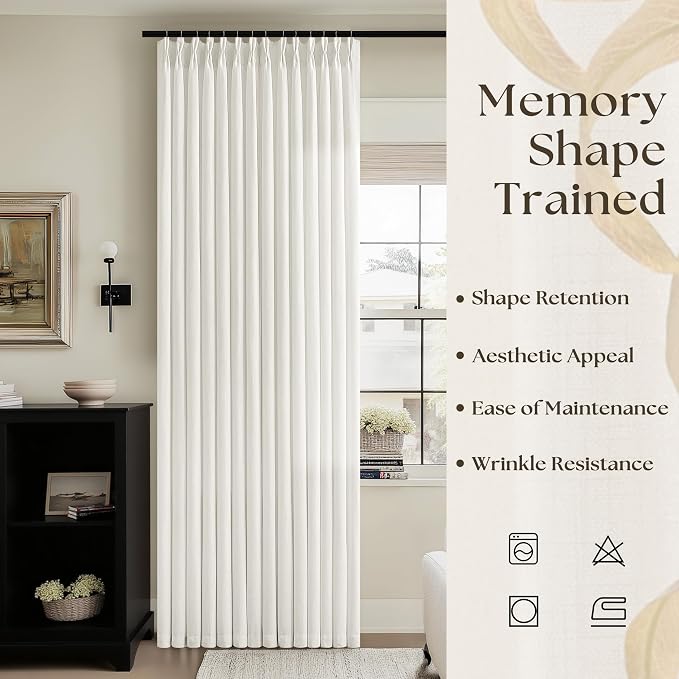 Cream Semi Sheer Linen Pinch Pleated Curtains 63 Inch Long | Beige Ivory Neutral, Light-Filtering Semi Sheer, Bedroom, Faux Linen Textured, Hook Rings Memory Shape Pleat, Boho Modern