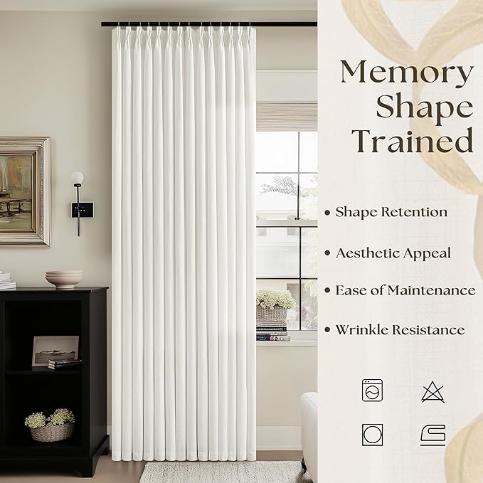 Natural Beige Semi Sheer Pinch Pleated Linen Extra Wide Curtains | Ivory Neutral Cream, 102 inch Long, Light Filtering Privacy, Living Room Glass Door, Flax Textured, Hook Rings Memory Shape