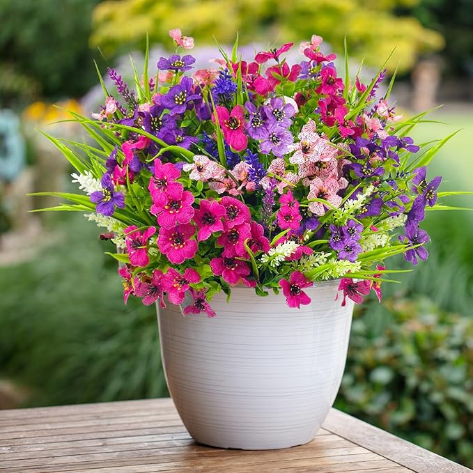 12 Bundles Artificial Flowers Outdoor Silk Fake Plants UV Resistant Faux Plastic Greenery Shrubs for Home Outside Garden Front Porch Window Box Pot Planters Decor (Mix Color)