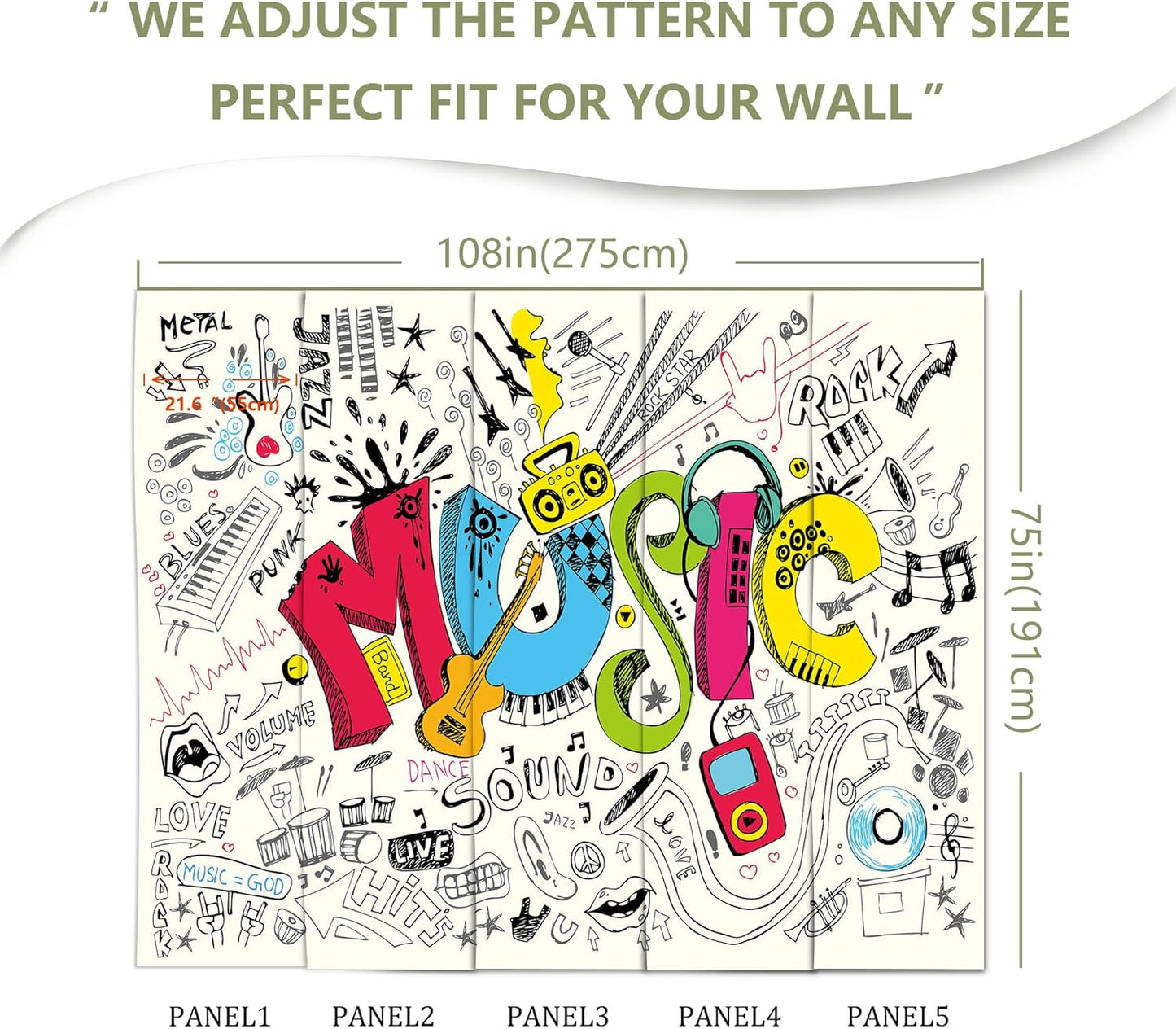 Music Graffiti Wallpaper Fan Guitar Drums Large Background Wall Decor for Music Room Bar(Not Peel and Stick)