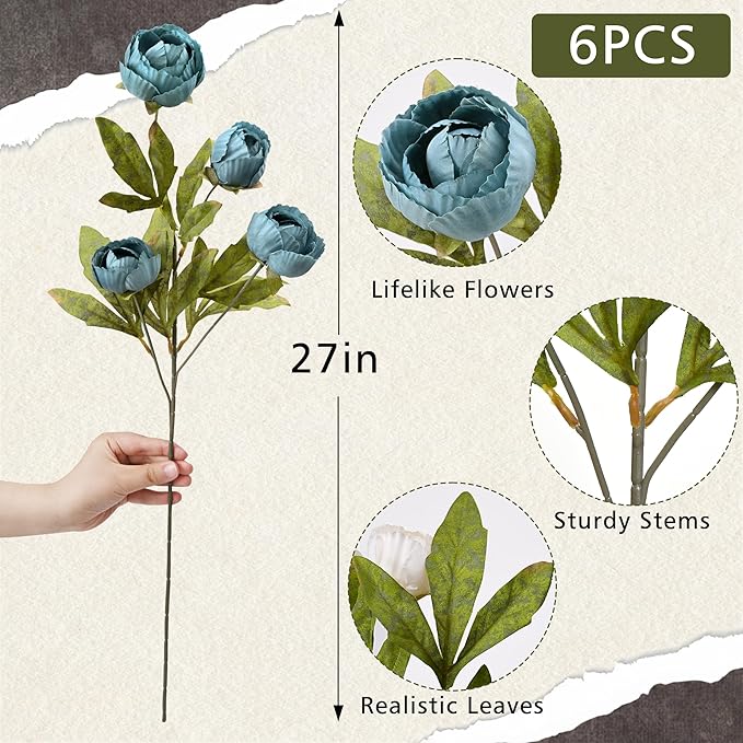 Waipfaru 6 Pcs Faux Peonies Artificial Flowers for Vase, 27" Fake Silk Peonies Flowers for Wedding, Vase Filler Blue Flowers for DIY Bouquets Centerpieces Bridal Shower Office Decor