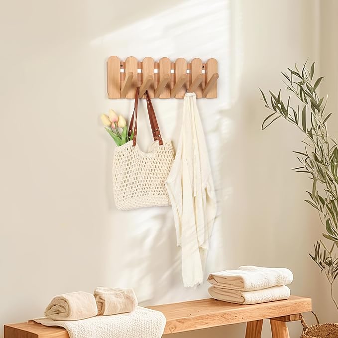 Coat Rack Wall Mount: Wooden Boho Wall Decor 6 Hooks 16.8'' Entryway Hanger with Magnetic Foldable Hooks Mounted, Space Saving for Hanging Jacket Bag for Apartments & Modern Homes