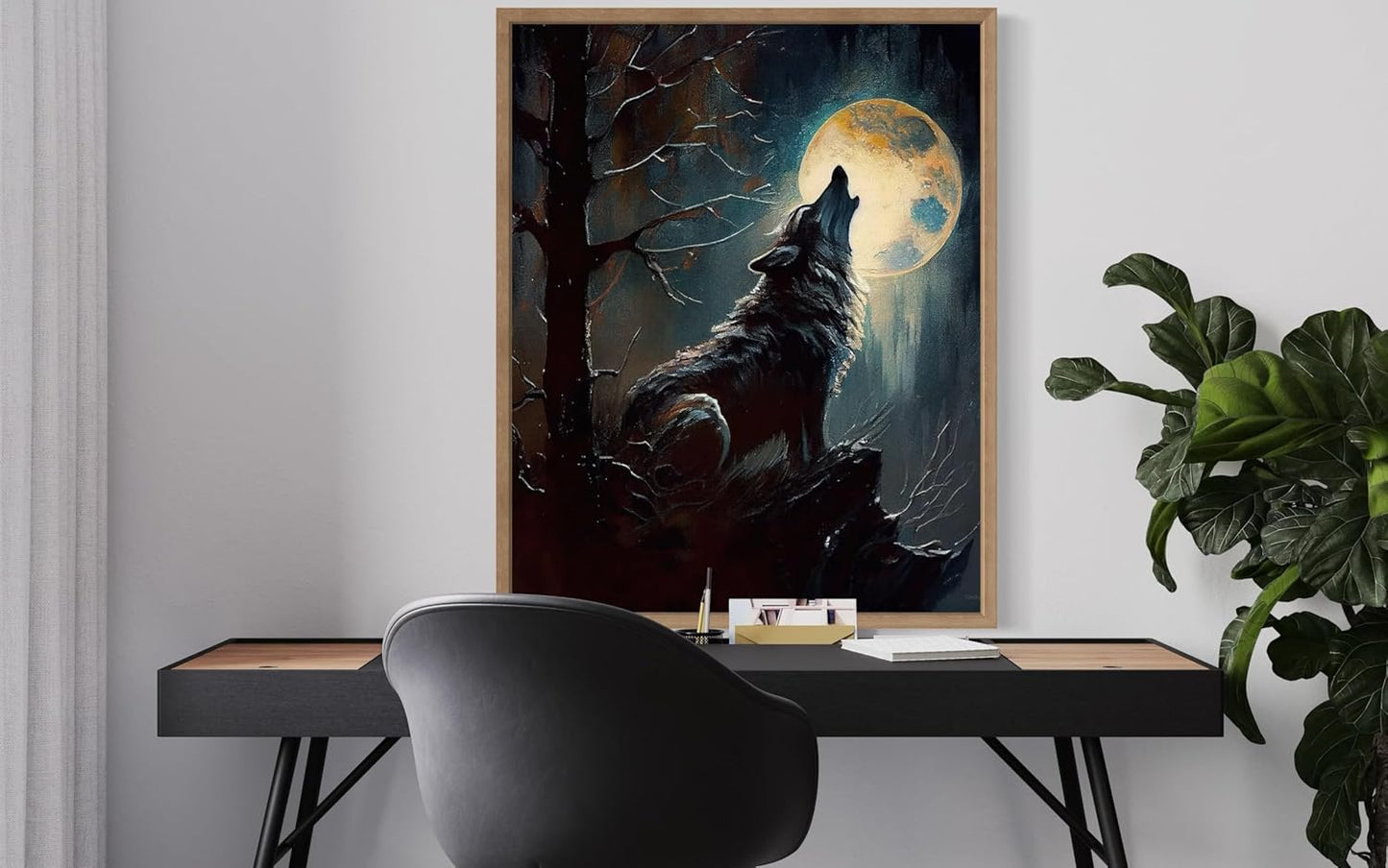 Wolf howling Poster Art Print, Halloween Scary Vintage Wall Art Academia Spooky Painting Decoration for Horror Prints, Gothic Posters Bedroom Decor 89 (Wolf howling, 11 x 14 inches, Wood Frame)