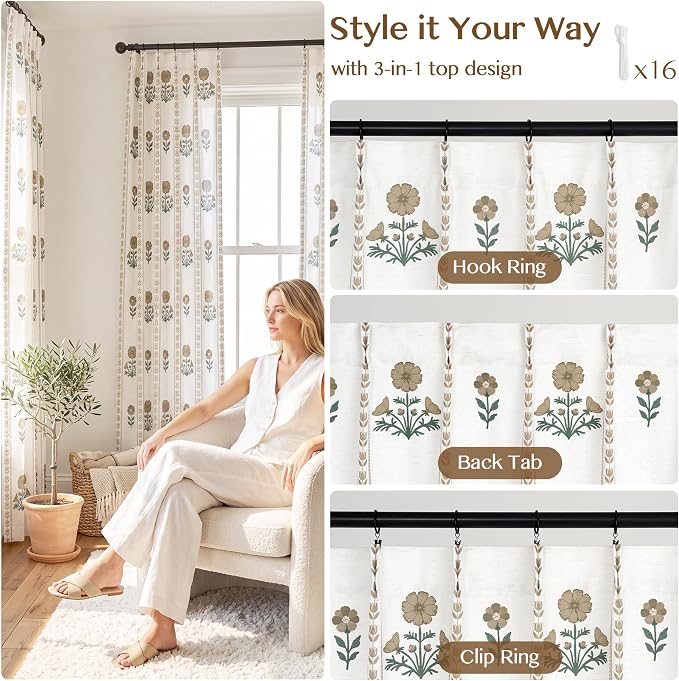 THREE GIRLS Pinch Pleated Light Filtering Linen Blend Floral Block Print Curtains for Bedroom, Dining Room, Living Room, Farmhouse, Memory Trained, Hooks, 2 Panels Set, 40"x90", Brown