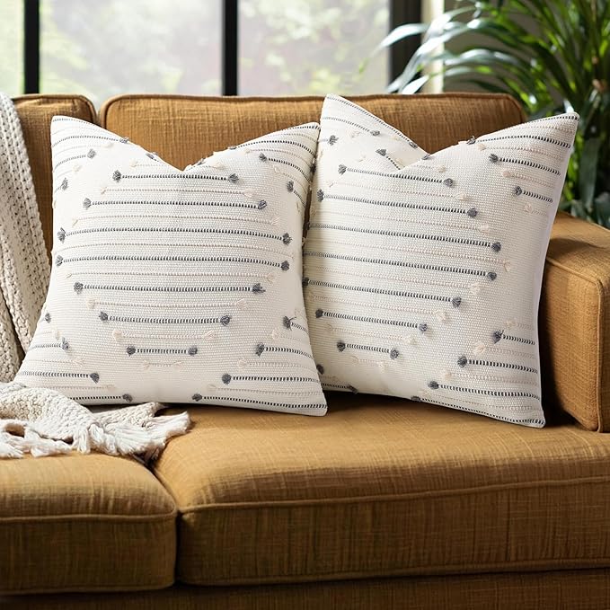 Mecatny Boho Summer Outdoor Throw Pillow Covers 18X18 Set of 2, Farmhouse Decorative Pillow Covers for Couch Sofa Living Room, Beige & Grey