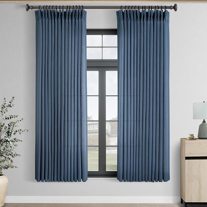 Pinch Pleated Navy Blue Linen Curtains 63 inch Length for Living Room 2 Panel Set Light Fitering Semi Sheer Navy Window Curtain Pinch Pleate with Hooks Farmhouse Bedroom Long Drapes 63