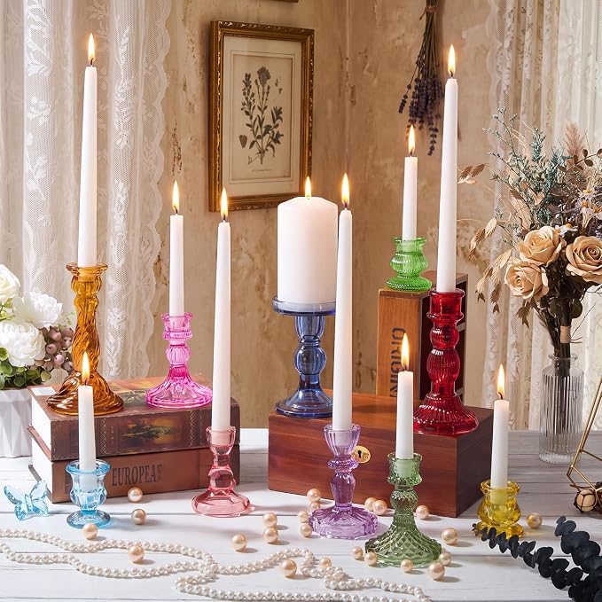 Mumufy 10 Pcs Glass Crystal Taper Candle Holders Clear Glass Candlestick Holder Fit 0.8 Inch Candles Crystal Decorative Candle Stand Centerpiece Table Wedding Dining Party (Classic,Colorful)