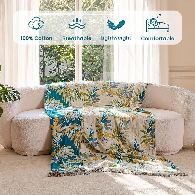 MSGKV Boho Throw Blanket for Bed Cotton 60"x80" Leaves Blanket Twin Size Couch All Seasons Muslin Summer Breathable Lightweight Farmhouse Blankets