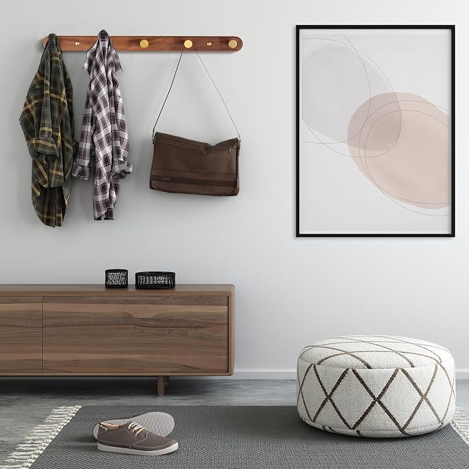 Wall Mounted Coat Rack, Entryway Hanging Coat Rack, Metal Wood Coat Rail with 5 Rustic Hooks Rail for Coat, Scarf, Bag, Towel, Key, Cap, Hat, Walnut Gold Matt