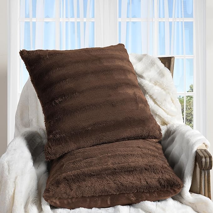Cheer Collection Faux Fur Throw Pillows - Decorative Pillows for Couch, Bed Throw Pillows, Chocolate Accent Pillows for Bedroom or Living Room Aesthetic, Set of 2 Furry Throw Pillows, 26" x 26"