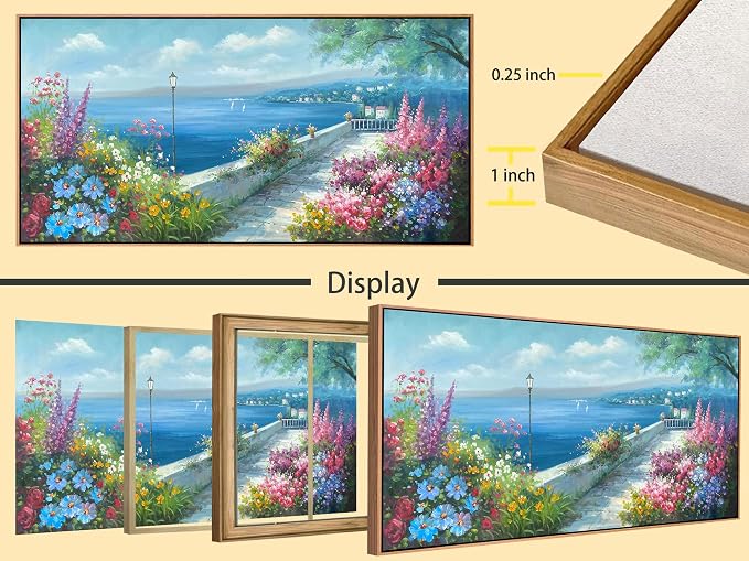 Arjun Blue Coastal Canvas Framed Wall Art for Living Room Ocean Landscape Painting Bedroom, Hand Painted Seascape Garden Flower Picture Artwork Large Home Office Wall Decor, 48"x24"