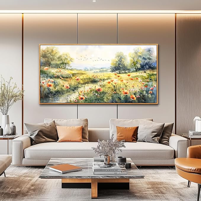 XIGUANGART Canvas Wall Art for Living Room Wildflower Pastoral Scenery Paintings Large Framed Wall Decor Meadow Abstract Pictures Rustic Floral Art Print for Bedroom Office Modern Artwork Decorations