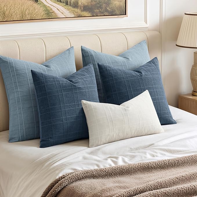 MIULEE Decorative Linen Check Throw Pillow Covers Neutral Farmhouse Vintage Pillow Covers 18x18 Set of 2 Boho Modern Home Decor for Sofa Couch Bedroom Cushion Deep Blue