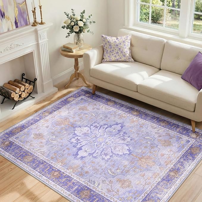 RELEANY Area Rugs 4'x5' Washable Non-Slip, Floral Vintage Distress Print Pattern Medallion Carpet for Living Room Bedroom Dining Room, Light Purple Brown
