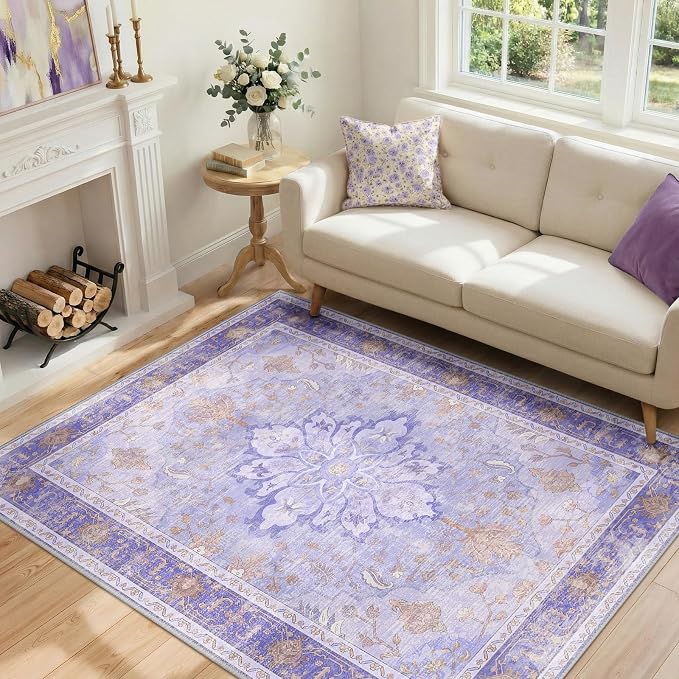 RELEANY Area Rugs 4'x6' Washable Non-Slip, Floral Vintage Distress Medallion Carpet for Living Room Bedroom Dining Room, Light Purple Brown
