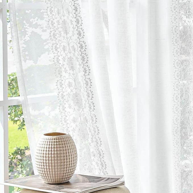 jinchan Weslie Floral White Sheer Curtains for Living Room 96 Inch Long Embroidered Voile Farmhouse Linen Curtains for Bedroom Bordered Flower Patterned Cottage Core Window Drapes 2 Panels Off White
