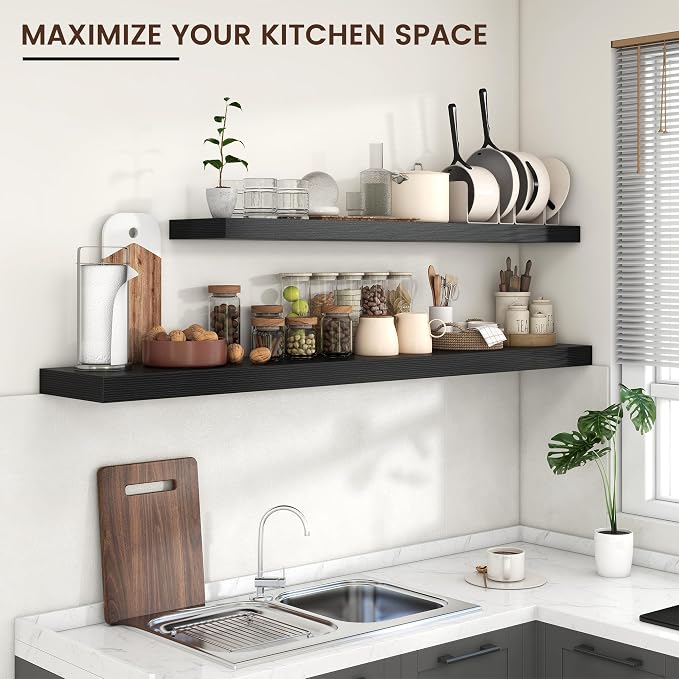 Venusmiles Floating Shelves for Wall 72 inch Long, Engineered Wood Large Wall Shelves with Invisible Brackets for Living Room Bedroom Bathroom Office Kitchen Decor and Storage, Black Finish, Set of 1