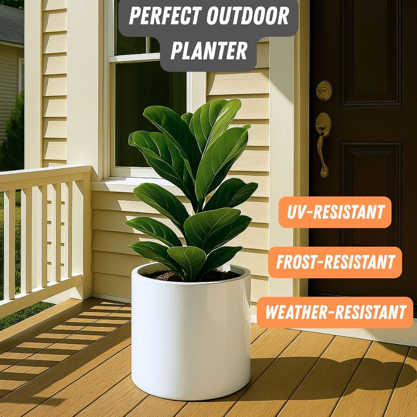 Fox & Fern Large 12 Inch Planter — Premium Lightweight Fiberstone Glossy White Plant Pot; Drainage Plug; Large Indoor & Outdoor Floor Planter; 12 Inch Pots for Plants; Weather Resistant & UV Resistant