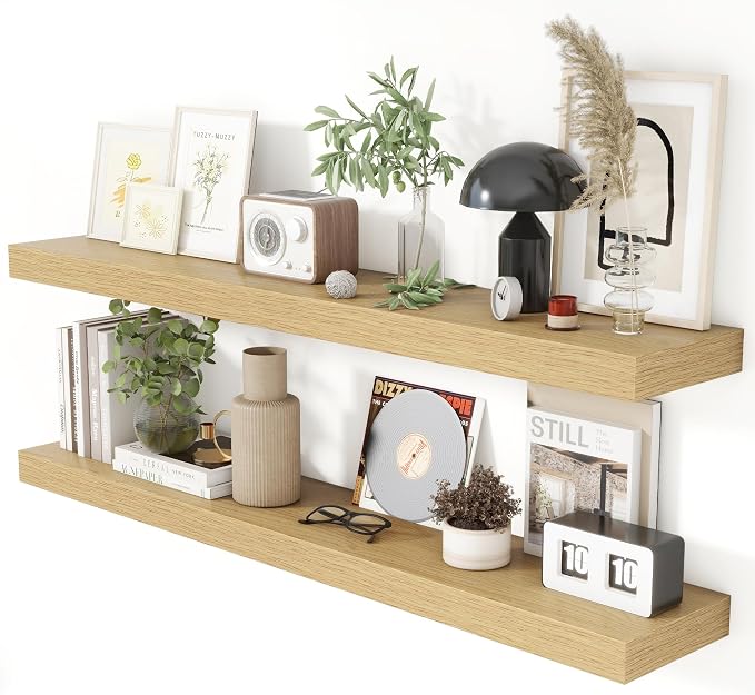 Heimlove 48 Inch Floating Shelves for Wall 8 Inch Deep Oak Shelves Set of 2,Wall Mounted Rustic Wood Long Floating Shelf，Large Display & Storage Shelf with Invisible Brackets