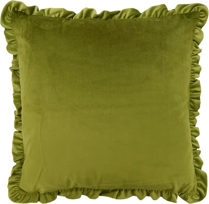 SARO LIFESTYLE Ruffle Edge Velvet Throw Pillow - Soft Velvet Throw Pillow with Down Filled Comfort for Cottage Home Decor, Cozy Living Spaces and Bedroom Accents, 20"x20", Kiwi