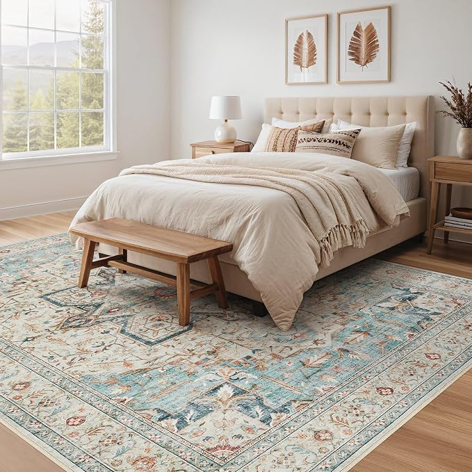 Tortania Area Rug Living Room Rugs - 6x9 Washable Boho Rug Vintage Oriental Distressed Farmhouse Large Thin Indoor Carpet for Living Room Bedroom Under Dining Table Home Office - Aqua Multi