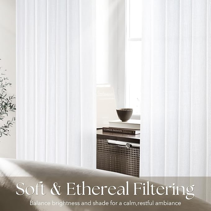 White Pinch Pleated Linen Curtains 144 Inch Length 2 Panels for Living Room Bedroom Textured WhiteSemi Sheer Drapes Pinch Pleat Rings Window Curtain 40x144