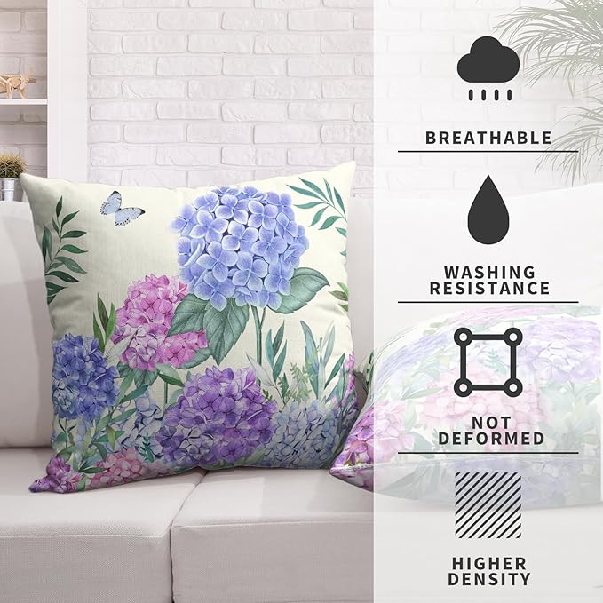 Hydrangea Pillow Covers 18x18 Set of 2 Spring Flowers Outdoor Pillow Covers Blue Purple Hydrangea Eucalyptus Throw Pillowcase Cotton Linen Cushion Case for Sofa Outdoor Patio