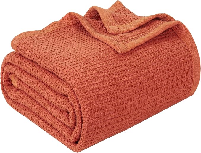 TreeWool Premium 100% Cotton Waffle Queen Blanket (90"x90", Rust) | Breathable Lightweight Moisture Wicking Soft Knit Thermal Blanket for Summer, Bed or Sofa All-season Comfort Machine Washable